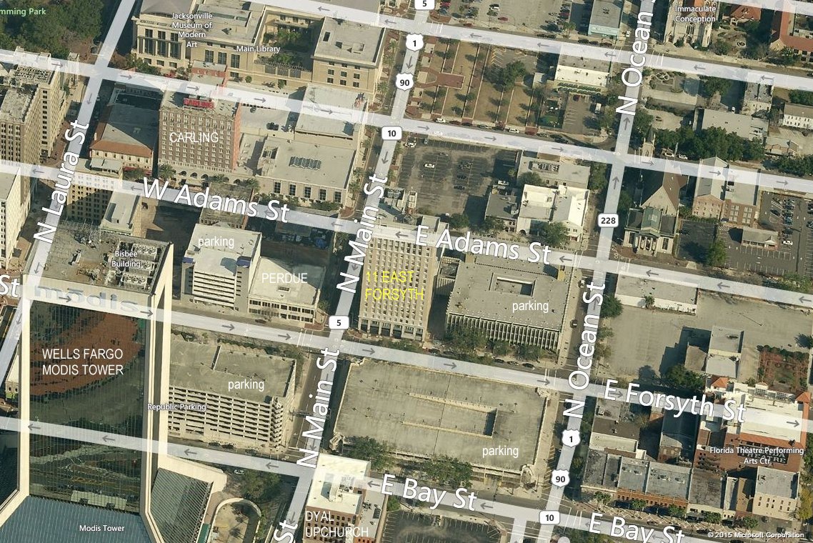 Aerial photo of 11 East Forsyth (ex Lynch Building)